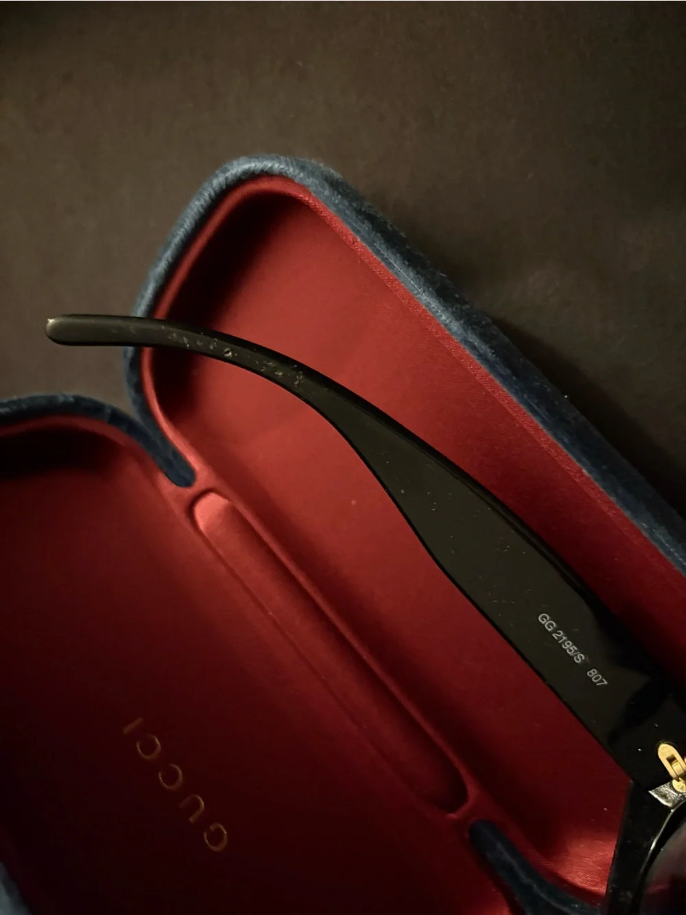 Gucci Black Cat-Eye Sunglasses with Pink Velvet Case and Blue Trim